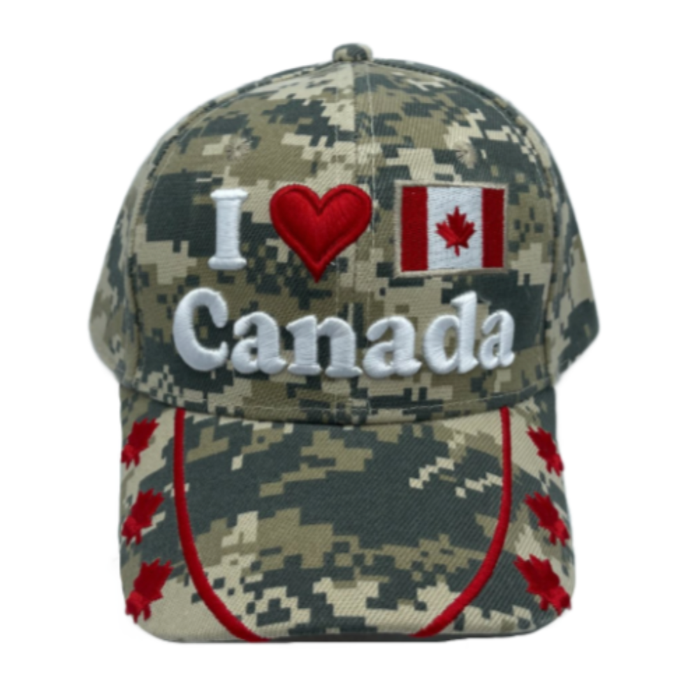 I Love Canada Flag Red Maple Leaf Forest Canadian Camouflage Embossed Hat Cap