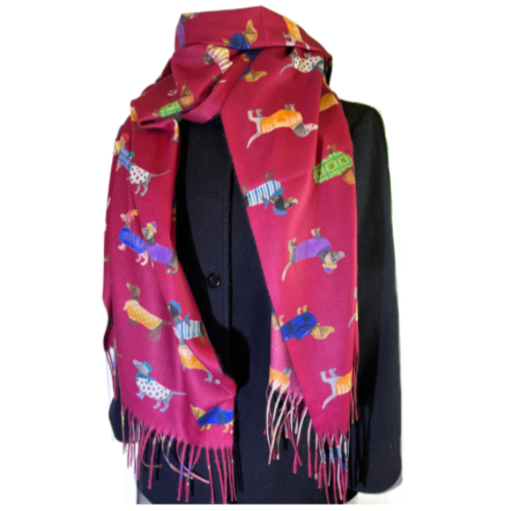 Ladies Dog Puppy Dachshund Print Red Warm Tasseled Women's Winter Scarf