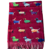 Ladies Dog Puppy Dachshund Print Red Warm Tasseled Women's Winter Scarf