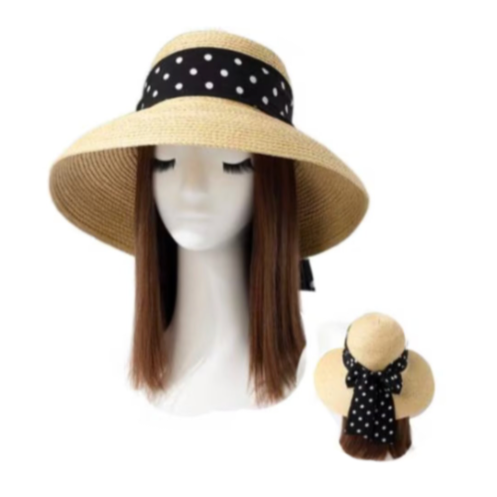 Polka Dot Ribbon Straw Floppy Beach Women’s Hat