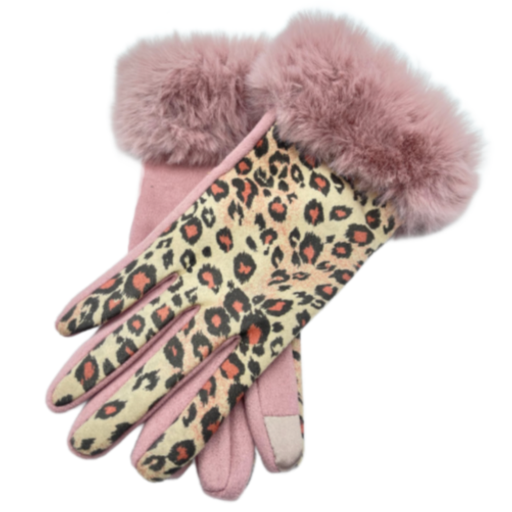 Women's Winter Pink Animal Print  Faux Fur Trim Gloves