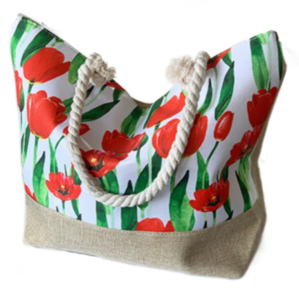 New Fashion Red Tulips Flowers Floral Beach Canvas Large Tote Bag Handbag
