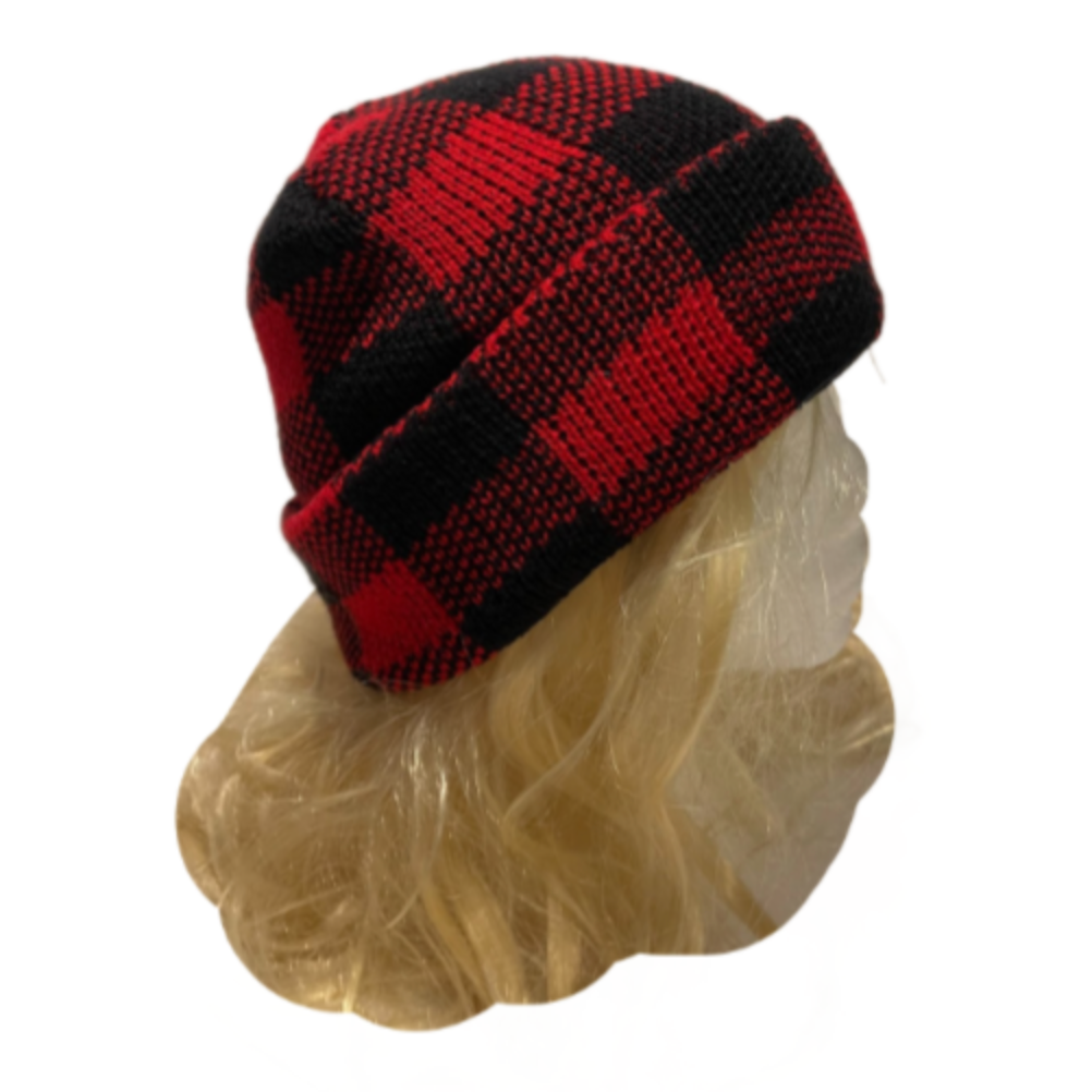 Unisex Red Black Plaid Stretch Slouchy Knitted Winter Beanie Tuque