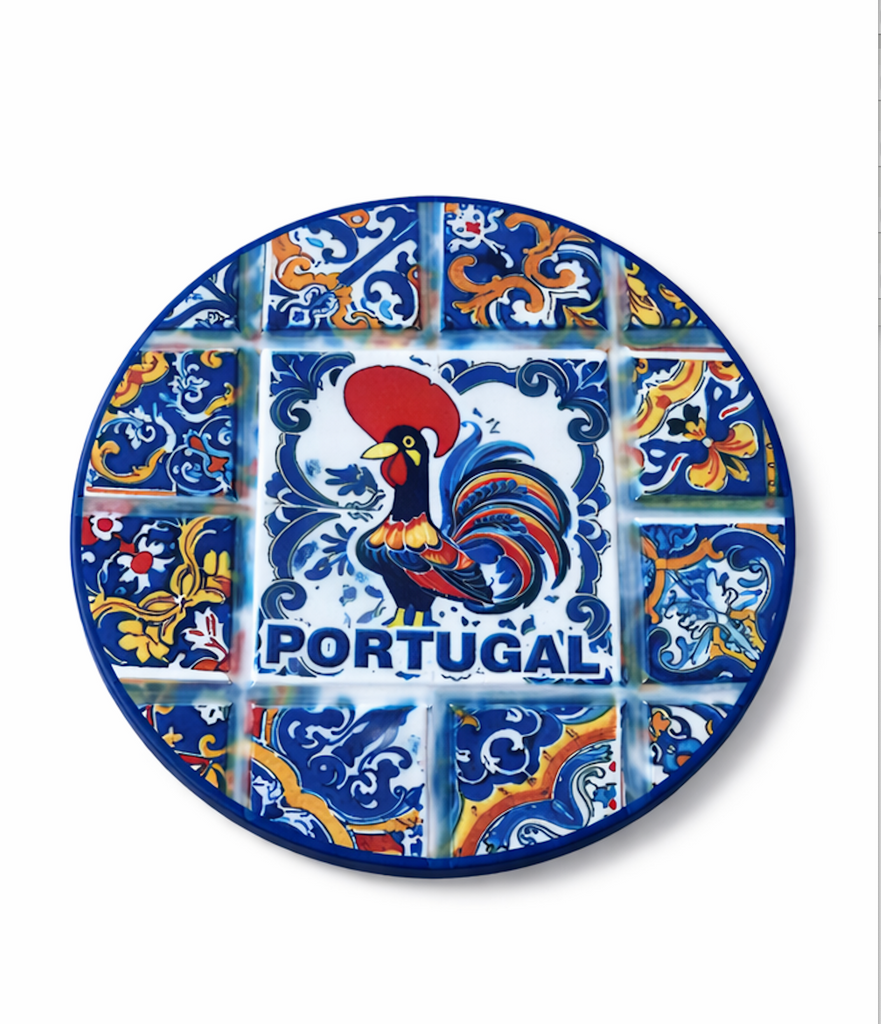 Portuguese Portugal Galo de Barcelos Traditional Blue Ceramic Tile Coaster Cork