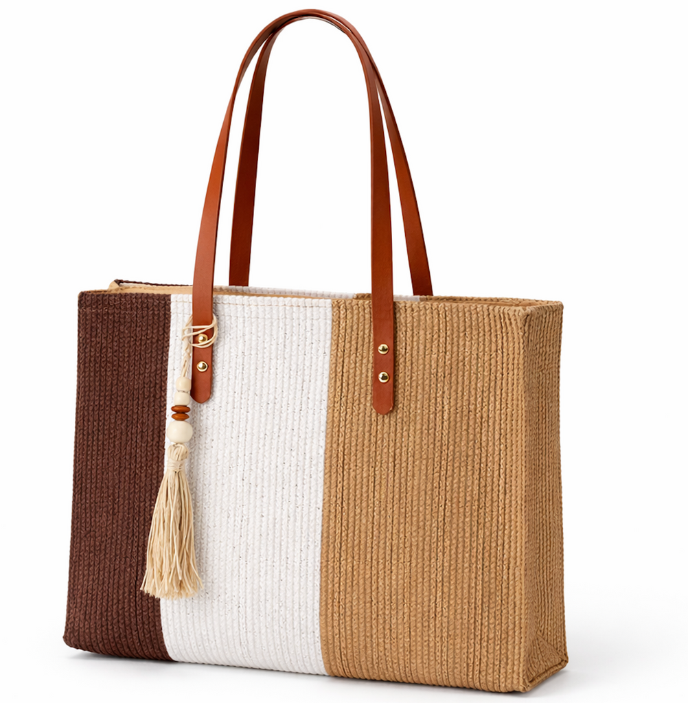 Three-Tone Woven Summer Tote Bag with Handles and Tassel Charm
