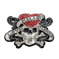 Love Kills Slowly Bling Red Heart Skull Belt Buckle