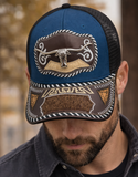 3D Longhorns Embroidered Faux Leather Western Hat Unique Design Mesh Back
