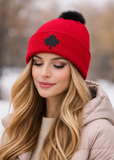 Red Knit Beanie with Pom-Pom – Canada Maple Leaf Winter Hat