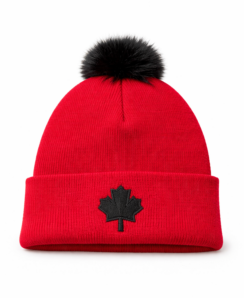 Red Knit Beanie with Pom-Pom – Canada Maple Leaf Winter Hat