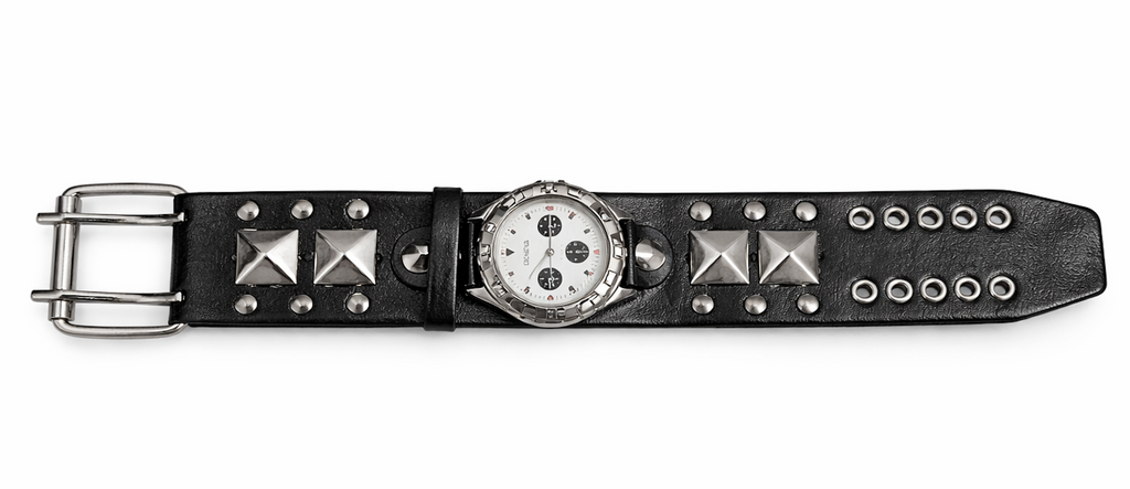 Men's Women’s Black Faux Leather Studded Cuff Watch – Bold Statement Wristwatch