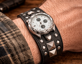 Men's Women’s Black Faux Leather Studded Cuff Watch – Bold Statement Wristwatch