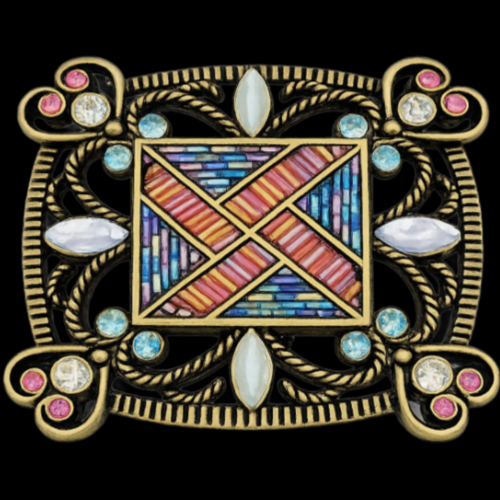 Decorative Western Belt Buckle – Multicolor Mosaic & Rhinestone Antique Finish