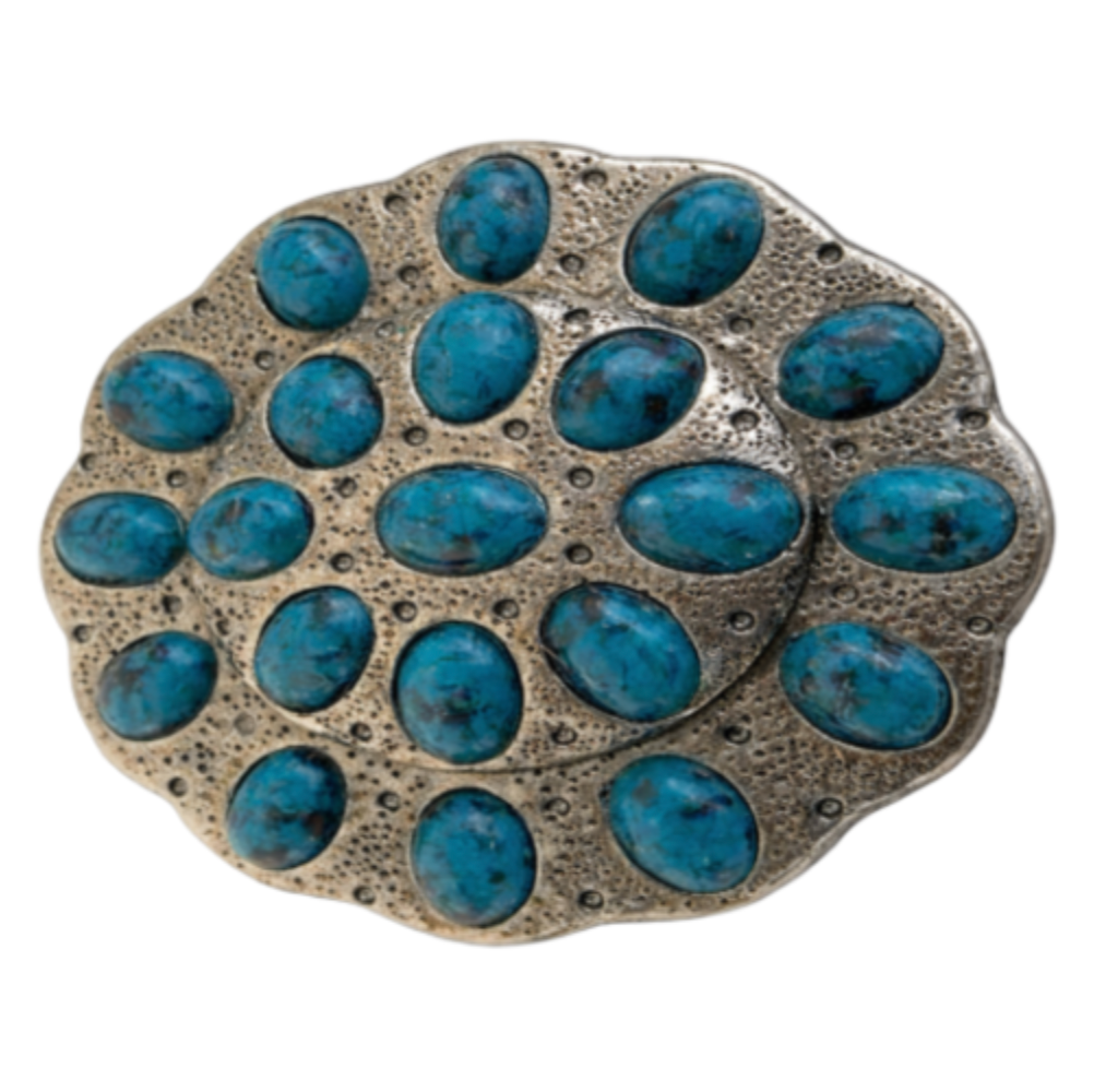 Boucle de ceinture western ton argent et pierre bleue