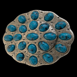 Boucle de ceinture western ton argent et pierre bleue