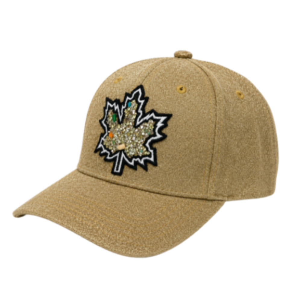 Gorra de béisbol con bordado de hoja de arce canadiense con purpurina dorada