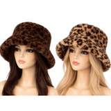 Soft Faux Fur Bucket Hat Furry Leopard Animal Print for Women Winter