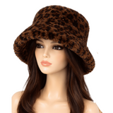 Soft Faux Fur Bucket Hat Furry Leopard Animal Print for Women Winter