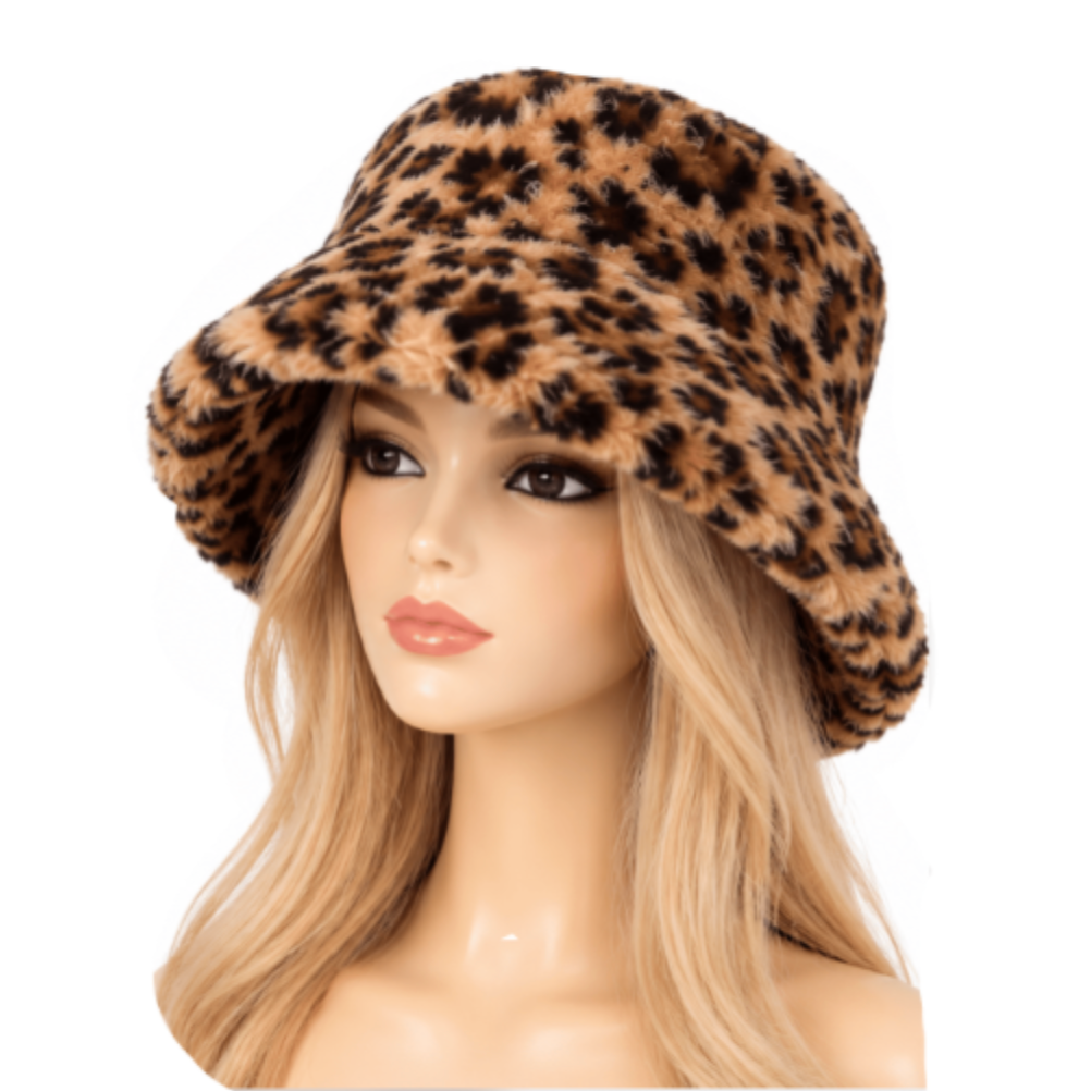 Soft Faux Fur Bucket Hat Furry Leopard Animal Print for Women Winter