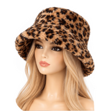 Soft Faux Fur Bucket Hat Furry Leopard Animal Print for Women Winter
