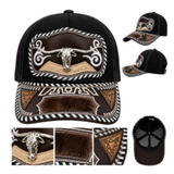 3D Longhorns Embroidered Faux Leather Western Hat Unique Design Mesh Back