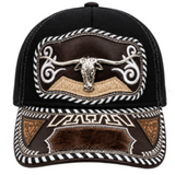 3D Longhorns Embroidered Faux Leather Western Hat Unique Design Mesh Back