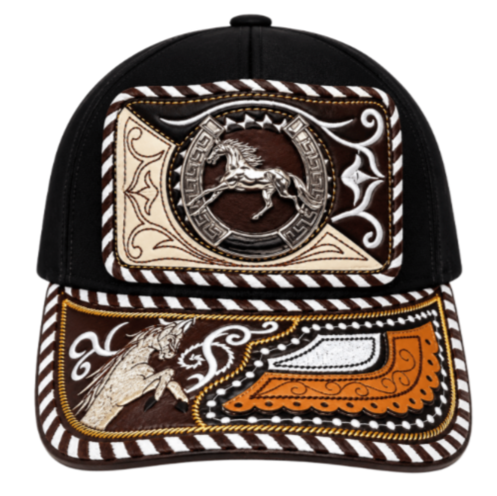 3D Horse  Embroidered Faux Leather Western Hat Unique Design Mesh Back
