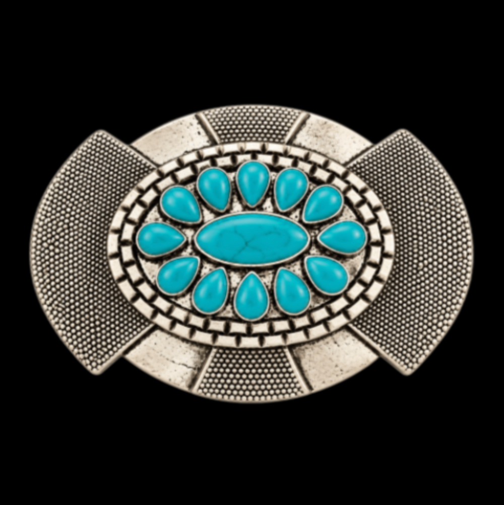 Turquoise Flower Peace Love Belt Buckle - Unisex 60 70's Hippie Art