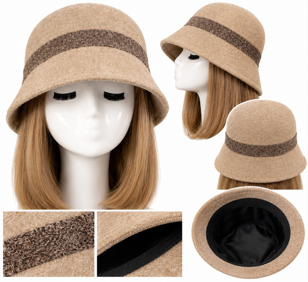 Women 100% Wool Cloche Bucket Hat Winter Beanie Hat Warm Cap