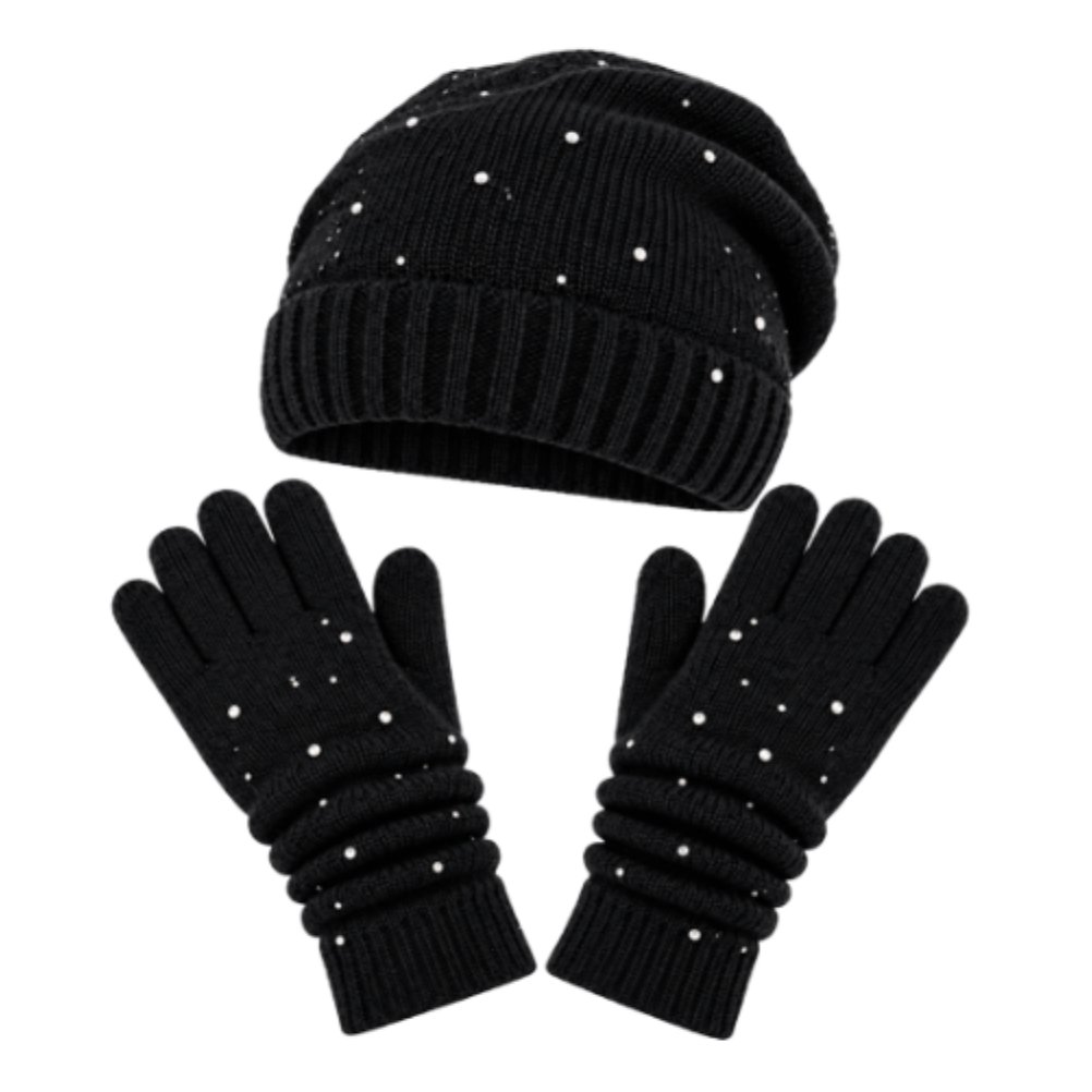 Set of Gloves and Hat  Warm Mittens With Bling Women's Fashion