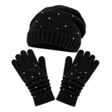 Set of Gloves and Hat  Warm Mittens With Bling Women's Fashion