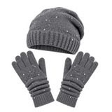 Set of Gloves and Hat  Warm Mittens With Bling Women's Fashion