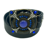 Boucles de ceinture uniques en pierre bleue pour femmes, strass à la mode