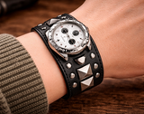 Men's Women’s Black Faux Leather Studded Cuff Watch – Bold Statement Wristwatch
