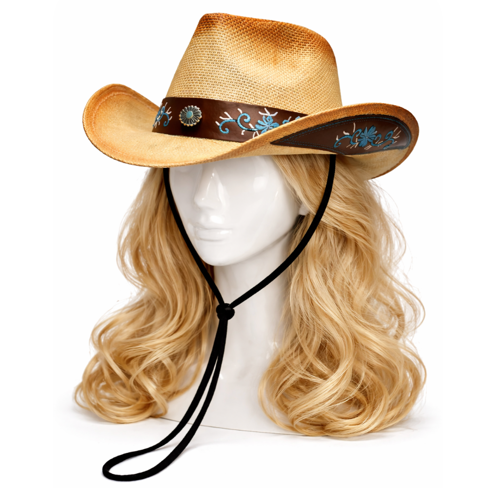 Chapeau de paille de cow-boy de mode occidentale de qualité brodé à large bord unisexe