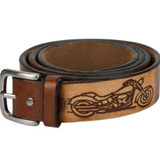 Cinturón occidental de cuero genuino decorado con motocicleta, cinturón de vaquero de rodeo a presión