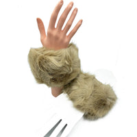 Beige Faux Fur Pair of Soft Fluffy Elastic Wrist Warmer Lined Cuffs - Buckles.Biz