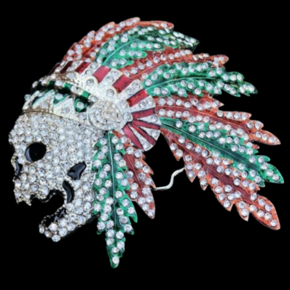 Belt Buckle Indian Chief Skull Feathers headdress Rhinestone Belts Buckles - Buckles.Biz