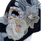 Black Women's Bling Hat Rhinestones Embellished Floral Faux Pearls Adjustable - Buckles BIZ