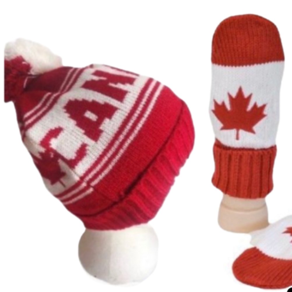 Canada Canadian Mapleleaf Red White Unisex Knitted Hat Winter Gloves Mitts - Buckles.Biz