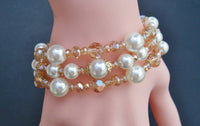 Gold-Tone Metal 3 Strand Faux Pearls Clear Rhinestone Clasp Bridal Bracelet - Buckles BIZZ