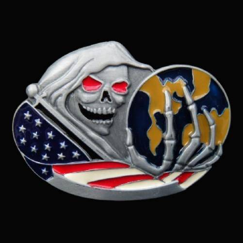 Grim Reaper Skull Wizard World Usa Flag Belt Buckle - Buckles.Biz