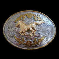 Hebilla de cinturón occidental con animal de caballo dorado y plateado de dos tonos