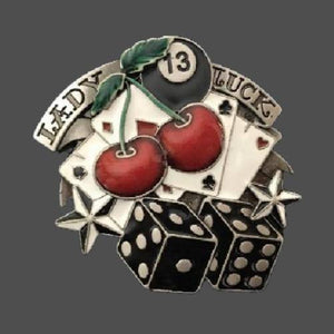 Lady Luck Lucky 13 Gambling Gambler Las Vegas Dice Cherries Cards Belt Buckle - Buckles.Biz