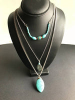 Pendant Necklace 3 Layer Chain Turquoise Beads Stone Silver Feather - Buckles.Biz