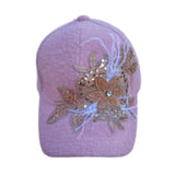 Pink Women's Bling Hat Rhinestones Embellished Floral Feather Adjustable Cap - Buckles.Biz