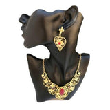 Portuguese Style Gold Toned Red Stone Necklace Earrings Women's Jewelry Set - Buckles BIZZ