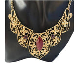 Portuguese Style Gold Toned Red Stone Necklace Earrings Women's Jewelry Set - Buckles BIZZ