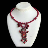 RED BURGUNDY DETAILED FASHION NECKLACE WITH PENDANT - Buckles.Biz