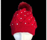 Red Pom Pom With White Rhinestones Winter Fashion Hat - Buckles.Biz