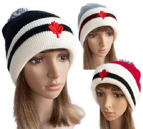 Red White Stripes Canada Mapleleaf Fashion Ski Pom Pom Winter Beanie Hats - Buckles.Biz